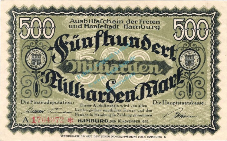 Hamburg , Banknote 500 Milliarden Mark Schein gbr. Keller 2109.x , Hamburg 1923 Inflation