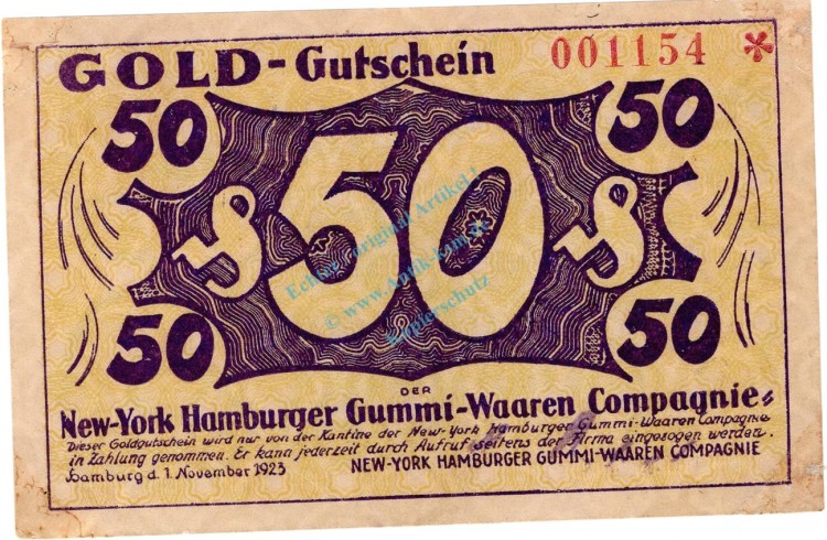 Hamburg , Banknote 50 Gold Pfennig Schein in L-gbr. Müller 2385.5 , Hamburg 1923 Inflation