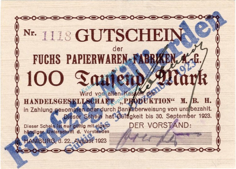 Hamburg , Banknote 50 Milliarden Überdruck unc-kfr. Keller 2116... Hamburg 1923 Inflation