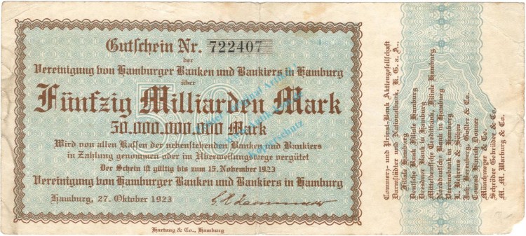 Hamburg , Banknote 50 Milliarden Mark Schein gbr-. Keller 2137.L , Hamburg 1923 Inflation