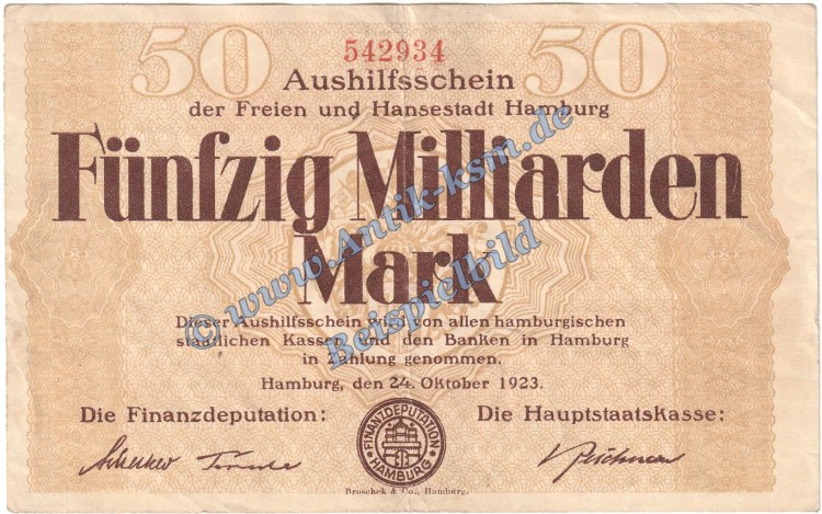 Hamburg , Banknote 50 Milliarden Mark Schein in gbr. Keller 2109.s Grossnotgeld 1923 Inflation HamburgHamburg , Banknote 50 Milliarden Mark Schein in gbr. Keller 2109.s Grossnotgeld 1923 Inflation Hamburg