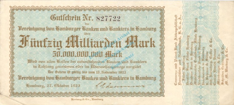 Hamburg , Banknote 50 Milliarden Mark Schein L-gbr. Keller 2137.L , Hamburg 1923 Inflation