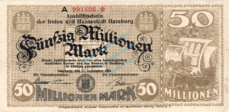 Hamburg , Banknote 50 Millionen Mark Schein gbr. Keller 2109.n , Hamburg 1923 Inflation