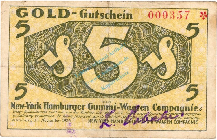 Hamburg , Banknote 5 Gold Pfennig Schein in gbr. Müller 2385.3 , HamHamburg , Banknote 5 Gold Pfennig Schein in gbr. Müller 2385.3 , Hamburg 1923 Inflationburg 1923 Inflation