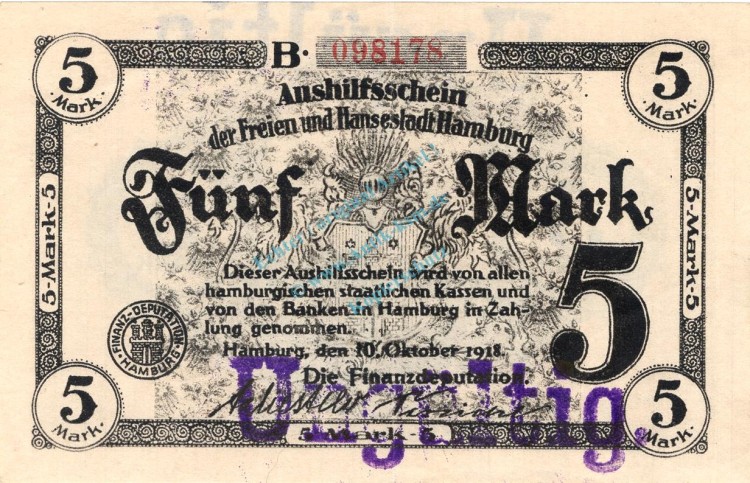 Hamburg , Banknote 5 Mark Schein in L-gbr.E Geiger 212.01.c , Hamburg 1918 InflationHamburg , Banknote 5 Mark Schein in L-gbr.E Geiger 212.01.c , Hamburg 1918 Inflation