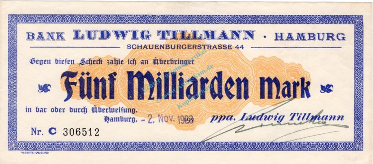 Hamburg , Banknote 5 Milliarden Mark Schein F-kfr. Keller 2136.b , Hamburg 1923 Inflation