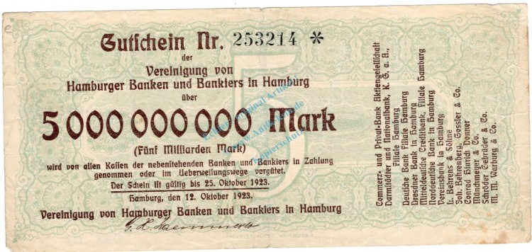 Hamburg , Banknote 5 Milliarden Mark Schein gbr. Keller 2137.e , Hamburg 1923 Inflation