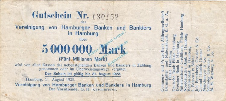 Hamburg , Banknote 5 Millionen Mark Schein gbr. Keller 2137.b , Hamburg 1923 Inflation