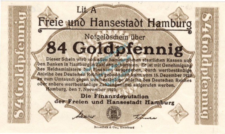Hamburg , Banknote 84 Goldpfennig -o.KN- unc-kfr. Müller 2310.3.a , Hamburg 1923 Wertbeständig