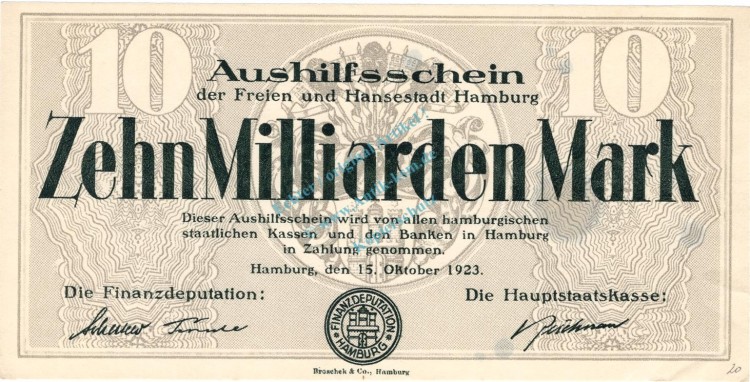 Hamburg , Notgeld 10 Milliarden Mark -MUSTER- in F-kfr. Keller 2209.q , Hamburg 1923 Inflation