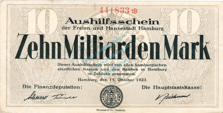 Hamburg , Notgeld 10 Milliarden Mark Schein in gbr. Keller 2209.q , Hamburg 1923 Inflation