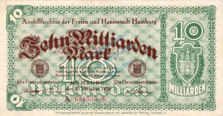 Hamburg , Notgeld 10 Milliarden Mark Schein in gbr. Keller 2209.r , Hamburg 1923 Inflation