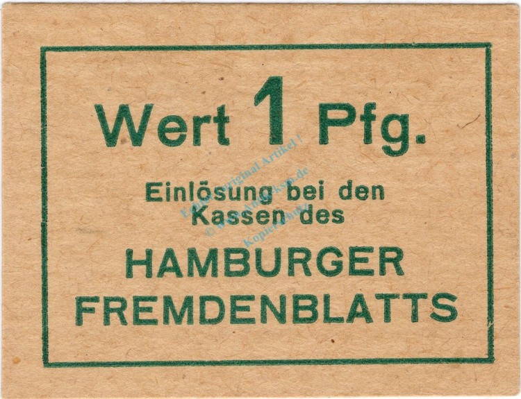 Hamburg , Notgeld 1 Pfennig Schein unc-kfr. Ti.2765.150.05 , Hamburg o.D. Verkehrsausgabe
