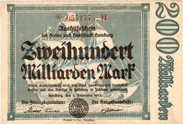 Hamburg , Notgeld 200 Milliarden Mark Schein in gbr-. Keller 2209.w , Hamburg 1923 Inflation