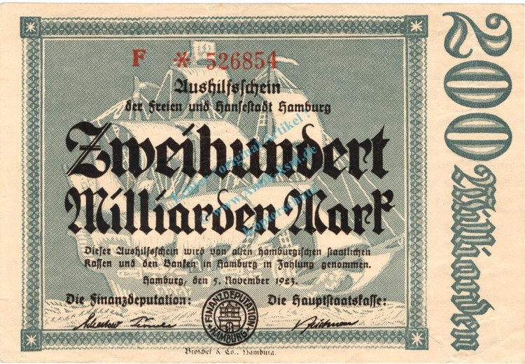 Hamburg , Notgeld 200 Milliarden Mark Schein in gbr. Keller 2209.w , Hamburg 1923 Inflation