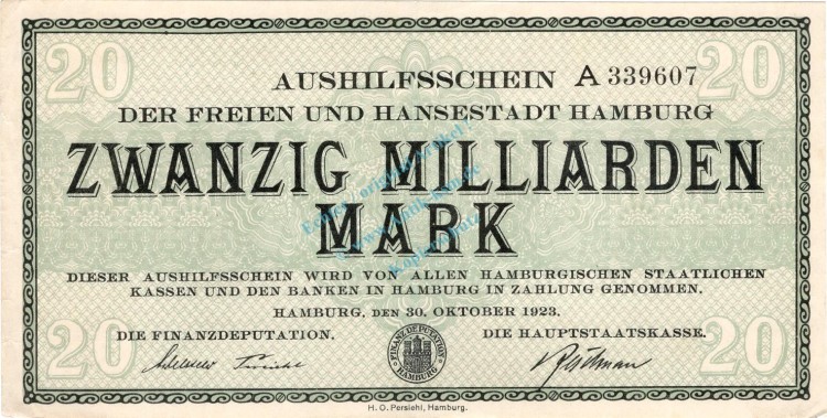 Hamburg , Notgeld 20 Milliarden Mark Schein in L-gbr. Keller 2209.u , HamburgHamburg , Notgeld 20 Milliarden Mark Schein in L-gbr. Keller 2209.u , Hamburg 1923 Inflation 1923 Inflation