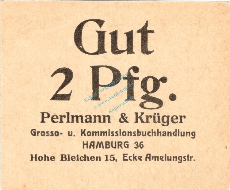 Hamburg , Notgeld 2 Pfennig Schein unc-kfr. Ti.2765.375.02 , Hamburg o.D. Verkehrsausgabe
