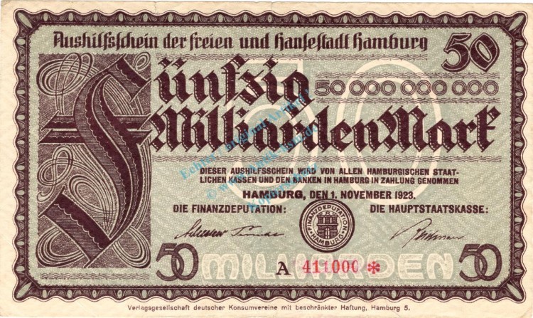 Hamburg , Notgeld 50 Milliarden Mark Schein in gbr. Keller 2209.v , Hamburg 1923 InflationHamburg , Notgeld 50 Milliarden Mark Schein in gbr. Keller 2209.v , Hamburg 1923 Inflation