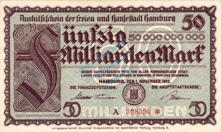 Hamburg , Notgeld 50 Milliarden Mark Schein in L-gbr. Keller 2209.v , Hamburg 1923 Inflation