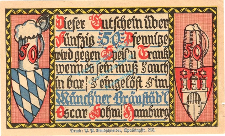 Hamburg , Notgeld 50 Pfennig Schein F-kfr. M-G 545.2 , Hamburg o.D. Seriennotgeld