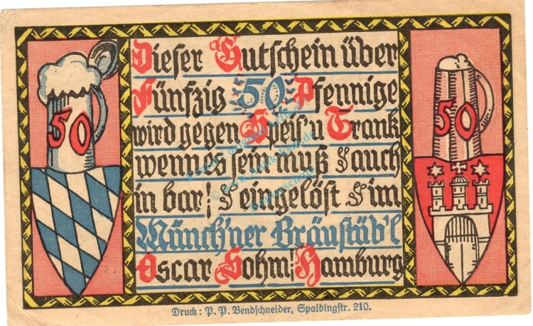 Hamburg , Notgeld 50 Pfennig Schein unc-kfr. M-G 545.2 , Hamburg o.D. Seriennotgeld