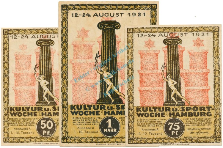 Hamburg , Notgeld Set 3 Scheine unc-kfr. M-G 539.2.A , HH 1921 Seriennotgeld -5755-
