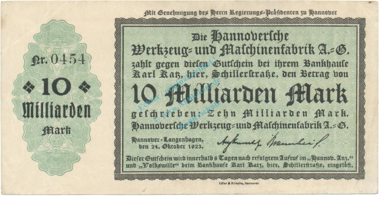 Hannover , Banknote 10 Milliarden Mark Schein gbr. Keller 2181.b , Niedersachsen 1923 Inflation