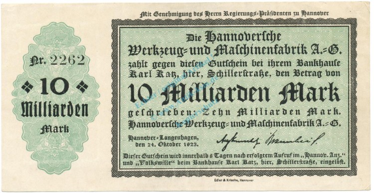 Hannover , Banknote 10 Milliarden Mark Schein unc-kfr. Keller 2181.b , Niedersachsen 1923 Inflation