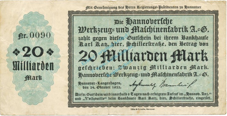 Hannover , Banknote 20 Milliarden Mark Schein gbr. Keller 2181.b , Niedersachsen 1923 Inflation