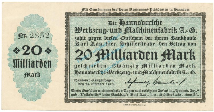 Hannover , Banknote 20 Milliarden Mark Schein L-gbr. Keller 2181.b , Niedersachsen 1923 InflationHannover , Banknote 20 Milliarden Mark Schein L-gbr. Keller 2181.b , Niedersachsen 1923 Inflation