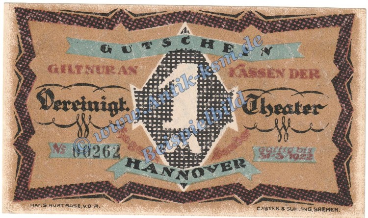 Hannover , Notgeld 1 Mark -Theater Hagen und Sanders- in kfr. M-G 576.1 , Niedersachsen o.D. Seriennotgeld