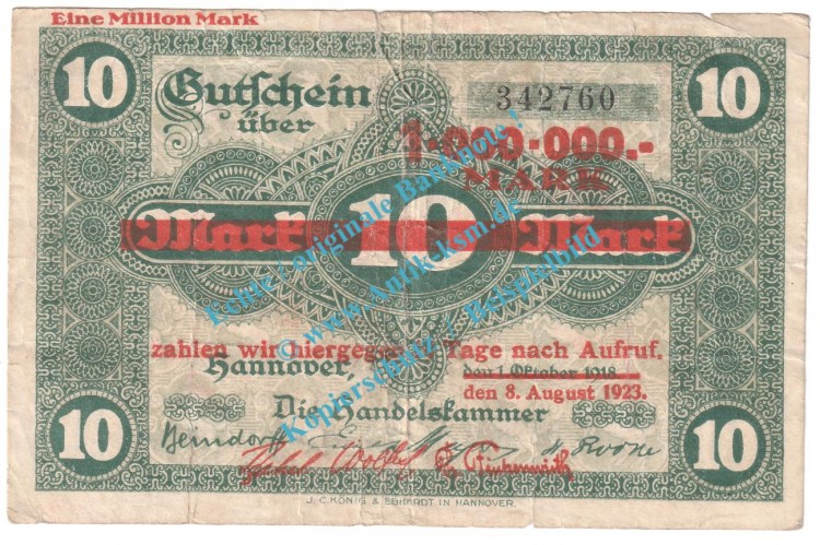 Hannover , Notgeld 1 Million Mark -Überdruck- in gbr. Keller 2156 , Niedersachsen 1923 Grossnotgeld Inflation