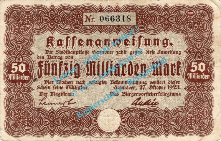 Hannover , Notgeld 50 Milliarden Mark Schein in gbr. Keller 2148.e , Niedersachsen 1923 Grossnotgeld - Inflation