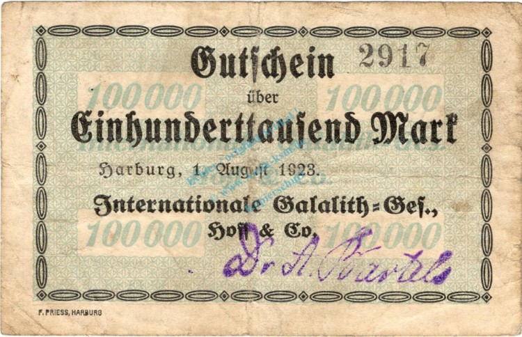 Harburg , Banknote 100.000 Mark Schein gbr. Keller 2206 , Niedersachsen 1923 Inflation