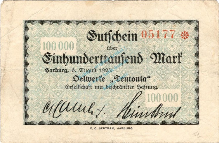 Harburg , Banknote 100.000 Mark Schein gbr. Keller 2209 , Niedersachsen 1923 Inflation