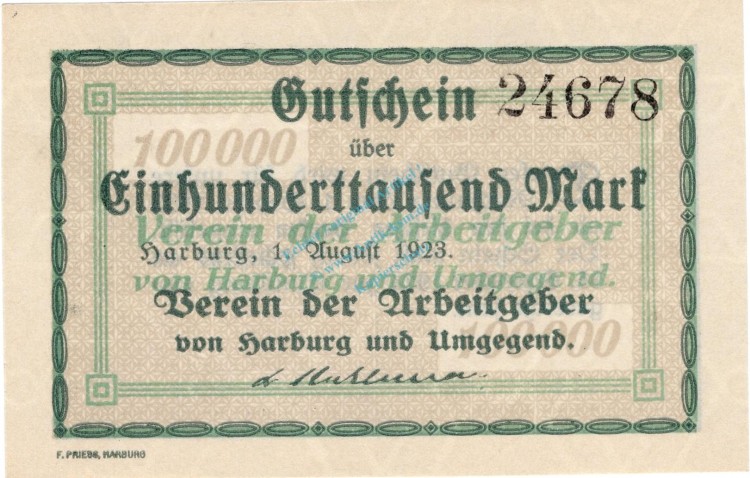 Harburg , Banknote 100.000 Mark Schein unc-kfr. Keller 2213.a , Niedersachsen 1923 Inflation