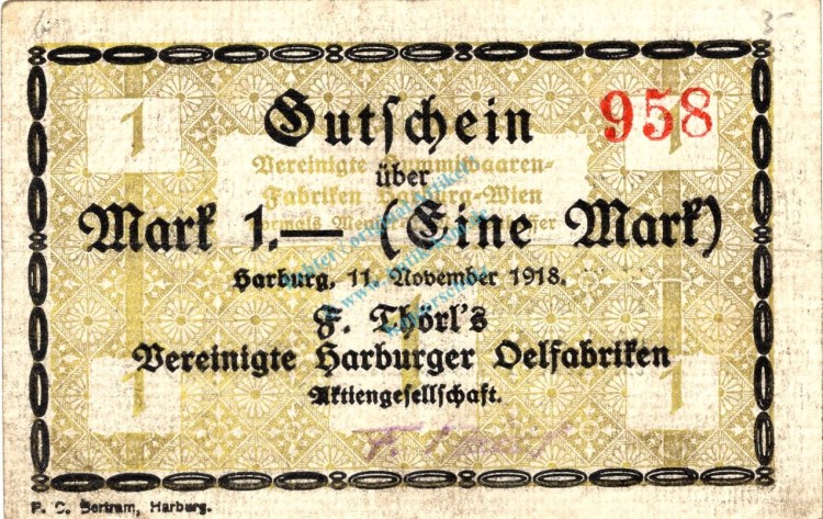 Harburg , Banknote 1 Mark Schein gbr. Geiger 221.02 , Niedersachsen 1918 Grossnotgeld