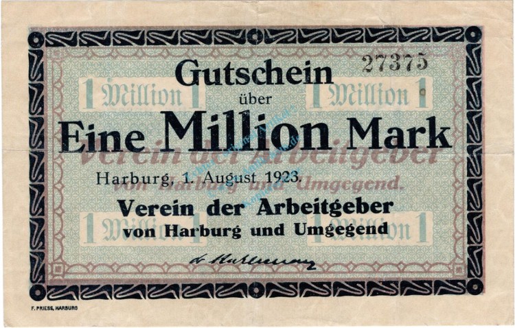 Harburg , Banknote 1 Million Mark Schein gbr. Keller 2213.a , Hamburg 1923 Inflation