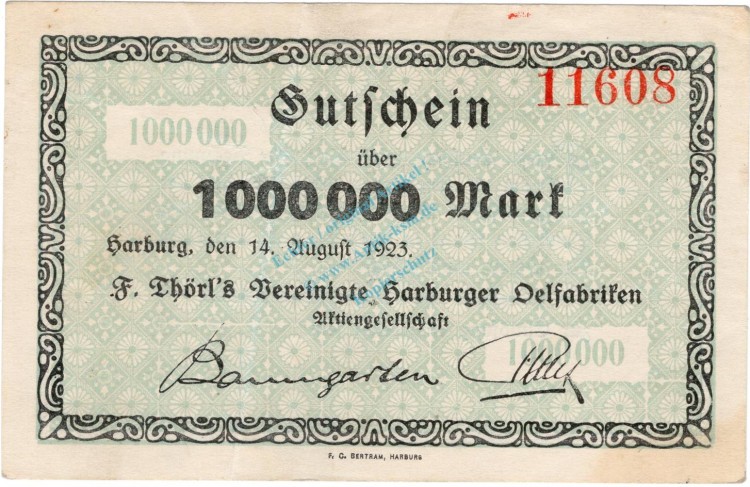 Harburg , Banknote 1 Million Mark Schein L-gbr. Keller 2212.b , Niedersachsen 1923 Inflation