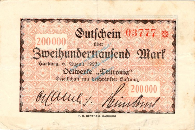 Harburg , Banknote 200.000 Mark Schein gbr. Keller 2209 , Niedersachsen 1923 Inflation