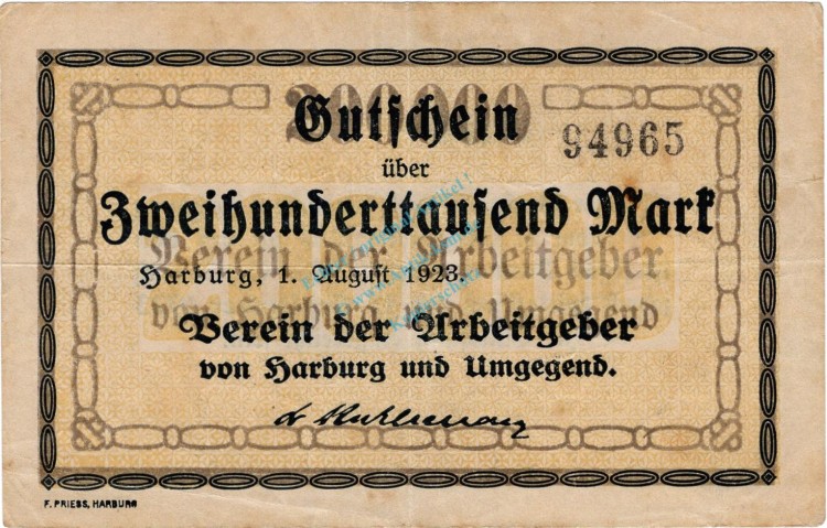 Harburg , Banknote 200.000 Mark Schein gbr. Keller 2213.a , Niedersachsen 1923 Inflation