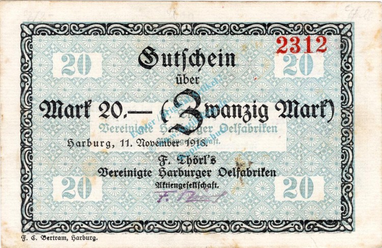 Harburg , Banknote 20 Mark Schein gbr.E Geiger 221.04 , Niedersachsen 1918 Grossnotgeld