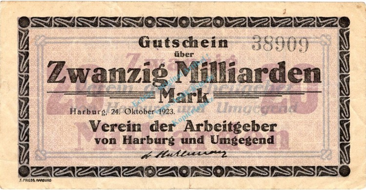 Harburg , Banknote 20 Milliarden Mark Schein gbr. Keller 2213.c , Niedersachsen 1923 Inflation
