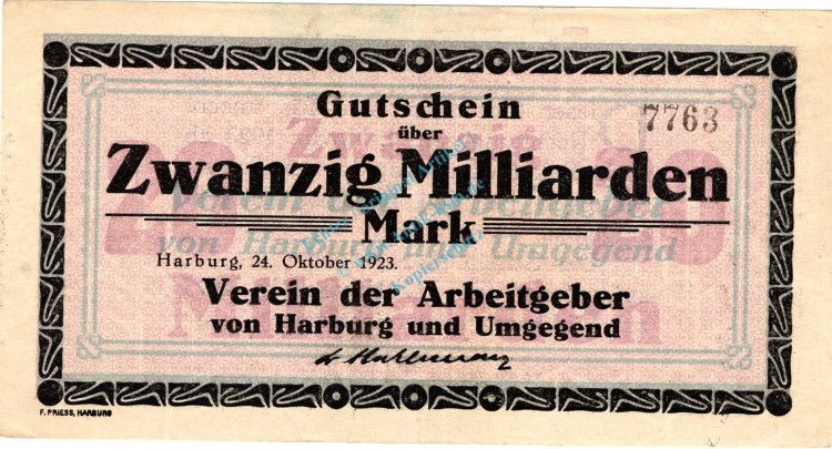Harburg , Banknote 20 Milliarden Mark Schein L-gbr. Keller 2213.c , Niedersachsen 1923 Inflation