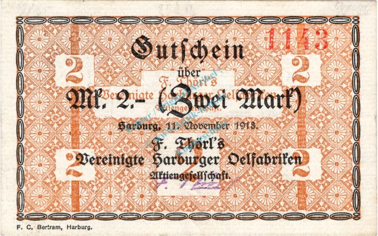Harburg , Banknote 2 Mark Schein gbr.E Geiger 221.02 , Niedersachsen 1918 Grossnotgeld