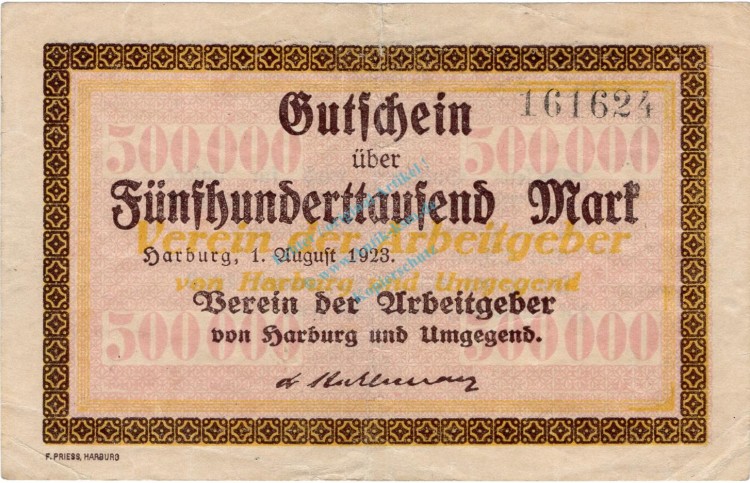 Harburg , Banknote 500.000 Mark Schein gbr-. Keller 2213.a , Niedersachsen 1923 Inflation