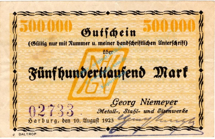 Harburg , Banknote 500.000 Mark Schein gbr. Keller 2208.a , Niedersachsen 1923 Inflation
