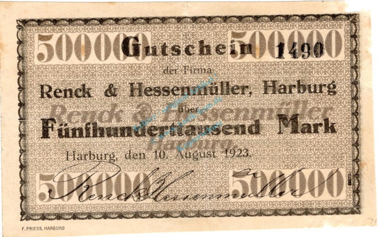 Harburg , Banknote 500.000 Mark Schein gbr. Keller 2210.b , Niedersachsen 1923 Inflation