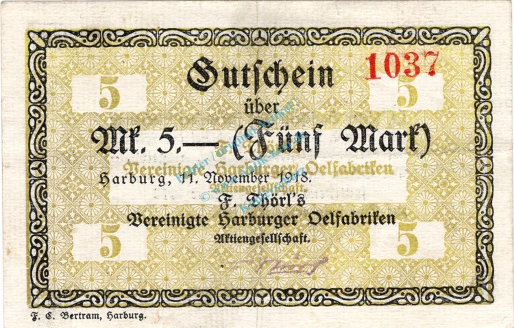 Harburg , Banknote 5 Mark Schein gbr.E Geiger 221.03 , Niedersachsen 1918 Grossnotgeld