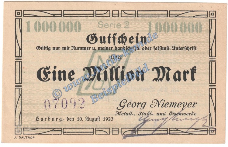 Harburg Niemeyer , Banknote 1 Million Mark Schein in kfr. Keller 2208.b , Niedersachsen 1923 Grossnotgeld Inflation